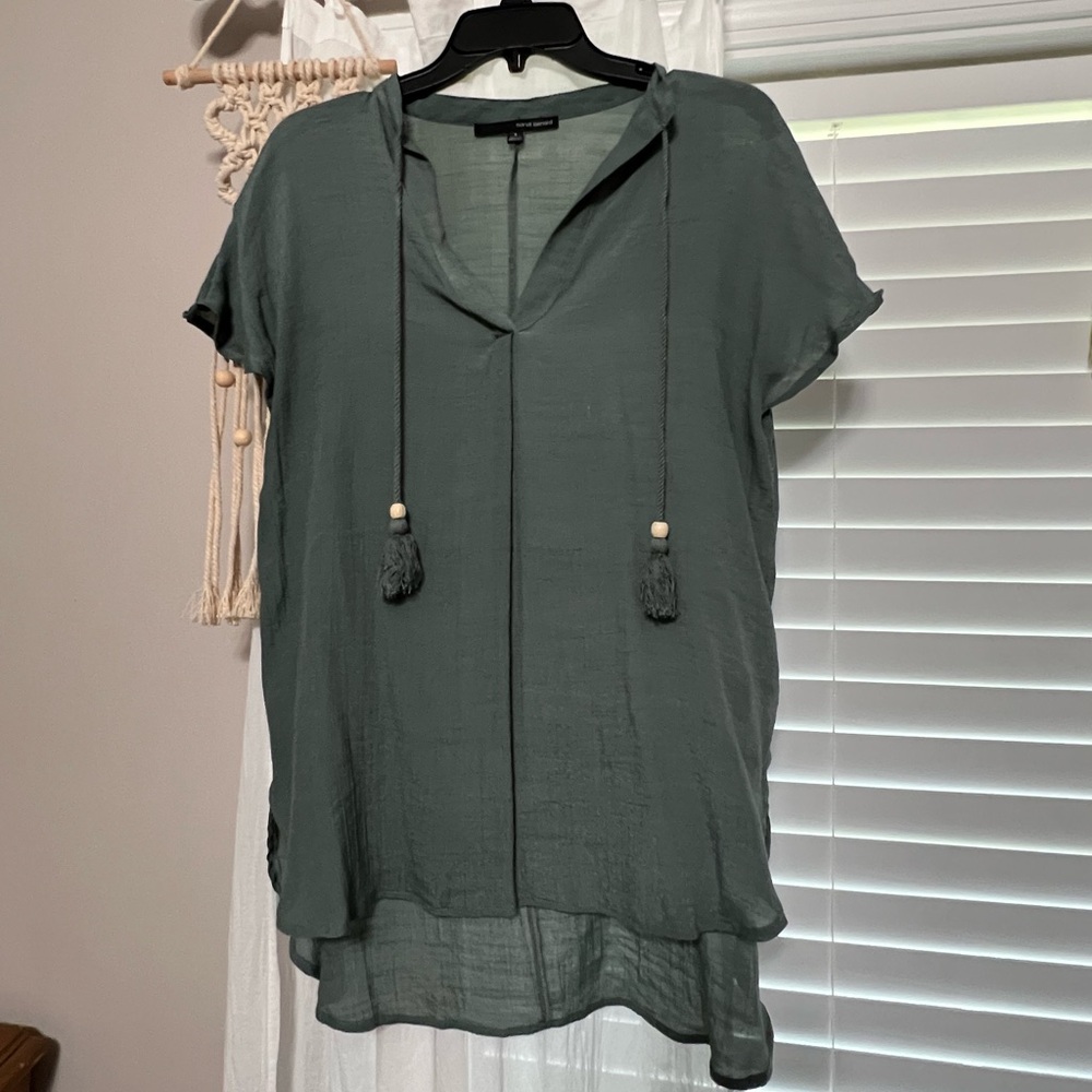 Flowy, Sage Green Short Sleeve Blouse with Tassels